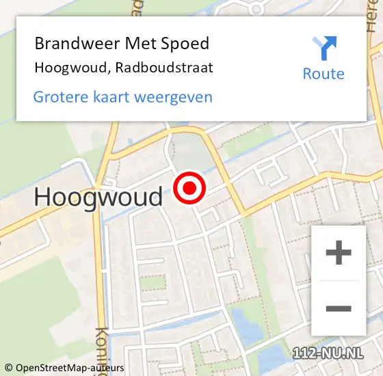 Locatie op kaart van de 112 melding: Brandweer Met Spoed Naar Hoogwoud, Radboudstraat op 28 augustus 2017 08:36