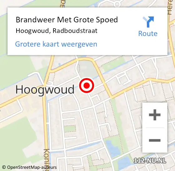 Locatie op kaart van de 112 melding: Brandweer Met Grote Spoed Naar Hoogwoud, Radboudstraat op 28 augustus 2017 08:50