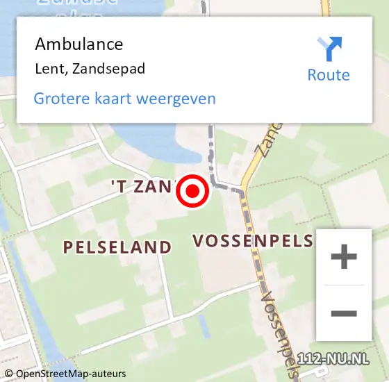 Locatie op kaart van de 112 melding: Ambulance Lent, Zandsepad op 29 augustus 2017 14:10