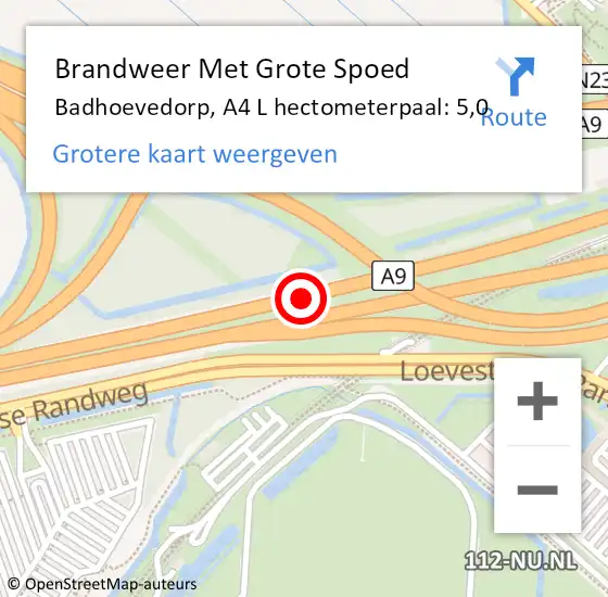 Locatie op kaart van de 112 melding: Brandweer Met Grote Spoed Naar Badhoevedorp, A4 L hectometerpaal: 4,2 op 29 augustus 2017 17:00