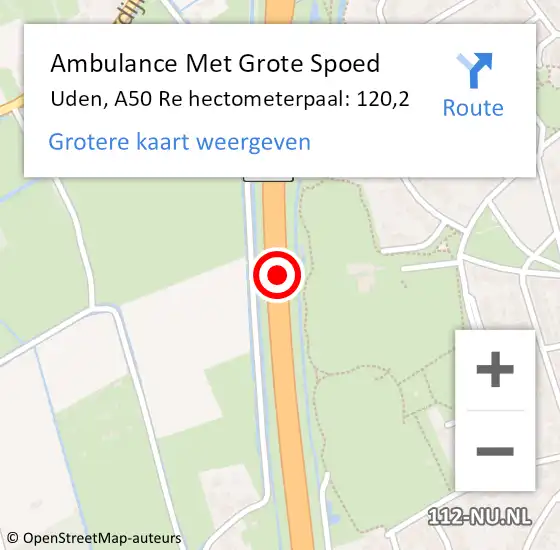 Locatie op kaart van de 112 melding: Ambulance Met Grote Spoed Naar Uden, A50 Re hectometerpaal: 120,2 op 30 augustus 2017 13:39