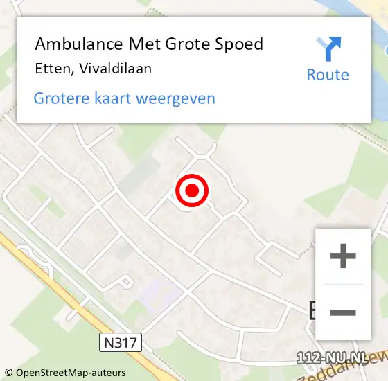 Locatie op kaart van de 112 melding: Ambulance Met Grote Spoed Naar Etten, Vivaldilaan op 31 augustus 2017 09:07