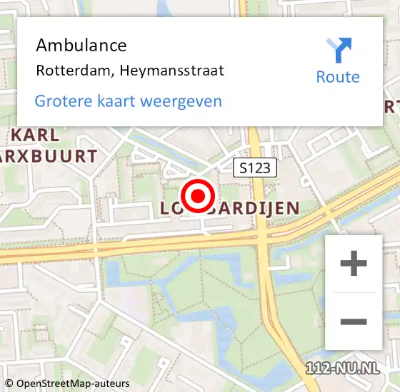 Locatie op kaart van de 112 melding: Ambulance Rotterdam, Heymansstraat op 31 augustus 2017 15:01