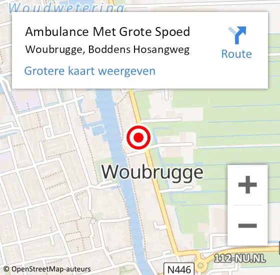 Locatie op kaart van de 112 melding: Ambulance Met Grote Spoed Naar Woubrugge, Boddens Hosangweg op 1 september 2017 09:59