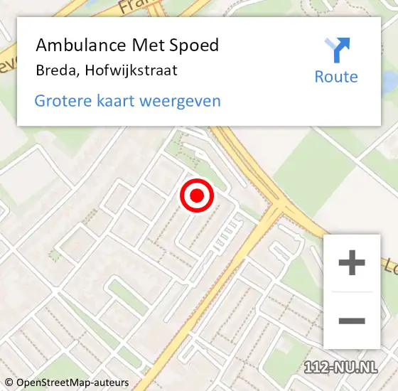 Locatie op kaart van de 112 melding: Ambulance Met Spoed Naar Breda, Hofwijkstraat op 1 september 2017 13:52