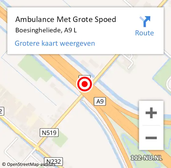 Locatie op kaart van de 112 melding: Ambulance Met Grote Spoed Naar Boesingheliede, A9 L op 1 september 2017 15:46