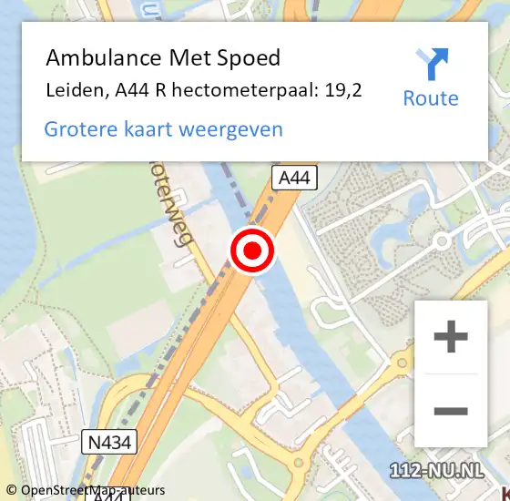 Locatie op kaart van de 112 melding: Ambulance Met Spoed Naar Leiden, A44 R hectometerpaal: 17,7 op 2 september 2017 13:04