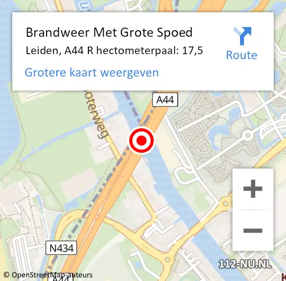 Locatie op kaart van de 112 melding: Brandweer Met Grote Spoed Naar Leiden, A44 R hectometerpaal: 17,7 op 2 september 2017 13:17