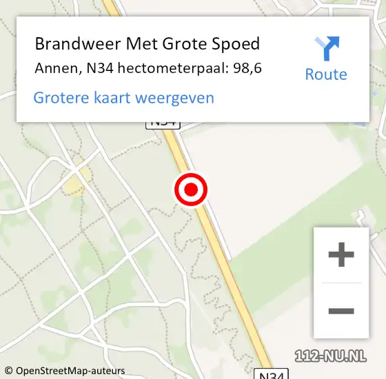 Locatie op kaart van de 112 melding: Brandweer Met Grote Spoed Naar Annen, N34 hectometerpaal: 98,6 op 2 september 2017 15:26