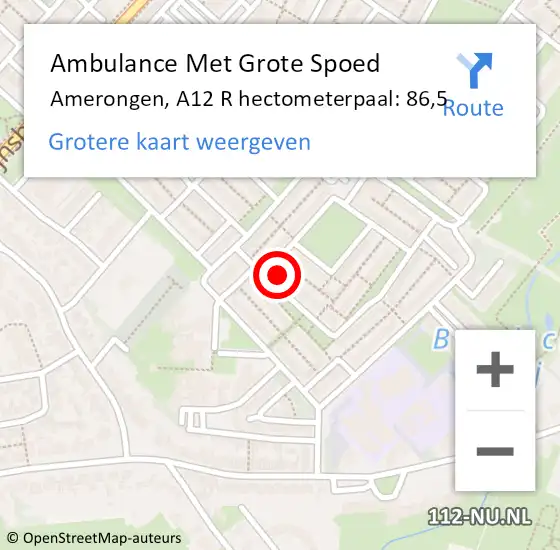 Locatie op kaart van de 112 melding: Ambulance Met Grote Spoed Naar Amerongen, A12 R hectometerpaal: 86,5 op 2 september 2017 15:32