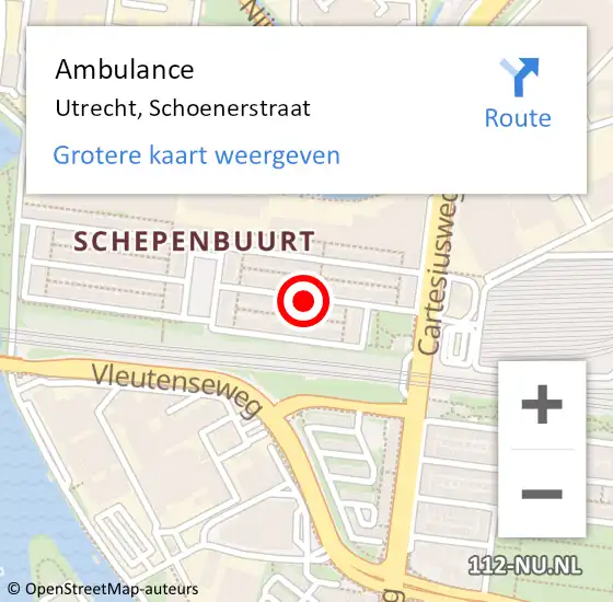 Locatie op kaart van de 112 melding: Ambulance Utrecht, Schoenerstraat op 2 september 2017 16:55