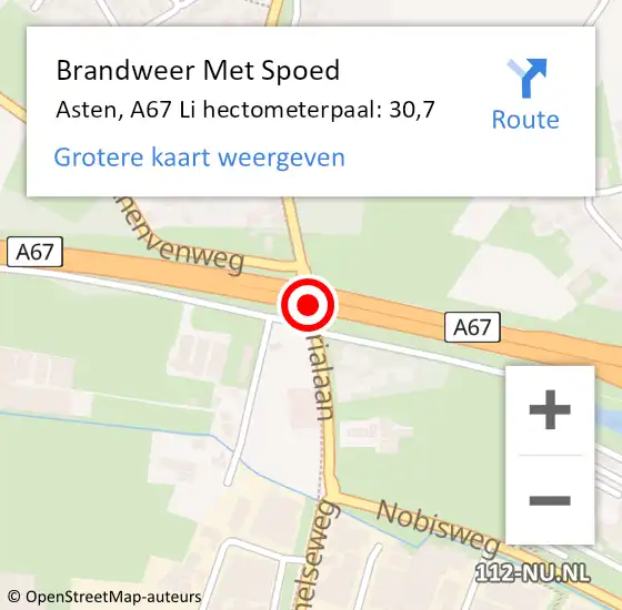 Locatie op kaart van de 112 melding: Brandweer Met Spoed Naar Asten, A67 Li hectometerpaal: 30,7 op 2 september 2017 19:30