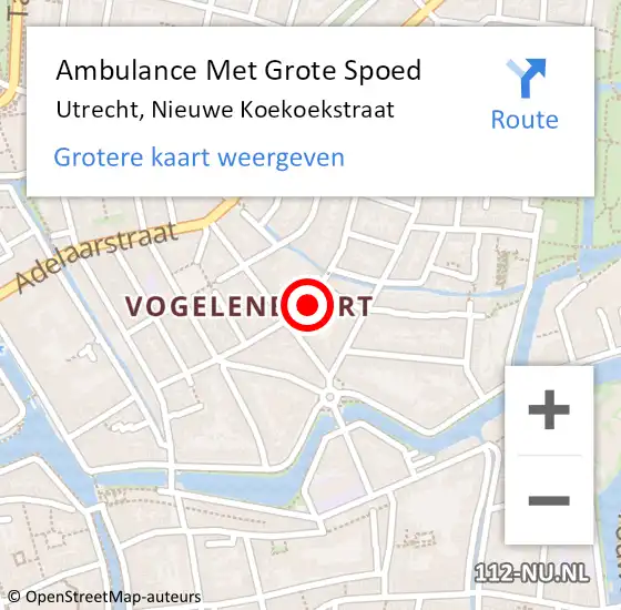 Locatie op kaart van de 112 melding: Ambulance Met Grote Spoed Naar Utrecht, Nieuwe Koekoekstraat op 4 september 2017 15:58