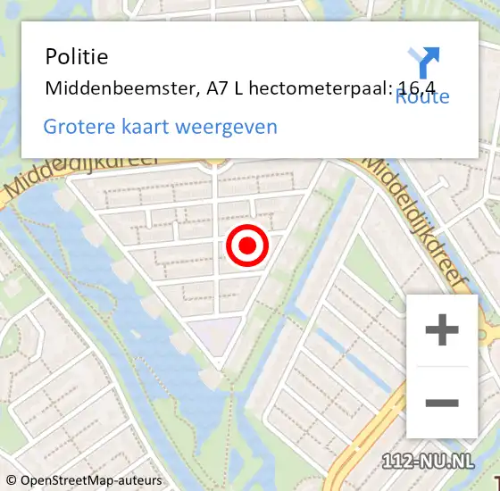 Locatie op kaart van de 112 melding: Politie Middenbeemster, A7 L hectometerpaal: 16,4 op 4 september 2017 18:57