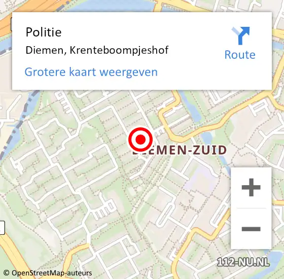 Locatie op kaart van de 112 melding: Politie Diemen, Krenteboompjeshof op 5 september 2017 01:15