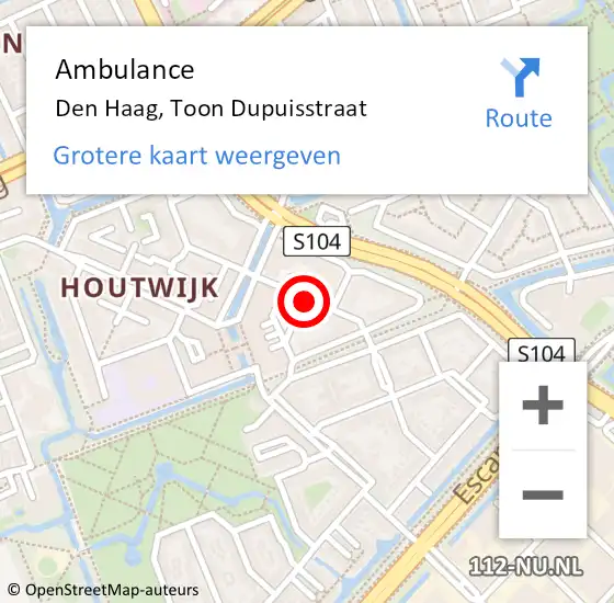Locatie op kaart van de 112 melding: Ambulance Den Haag, Toon Dupuisstraat op 5 september 2017 14:03