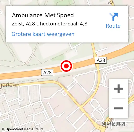 Locatie op kaart van de 112 melding: Ambulance Met Spoed Naar Zeist, A28 L hectometerpaal: 4,8 op 5 september 2017 17:45
