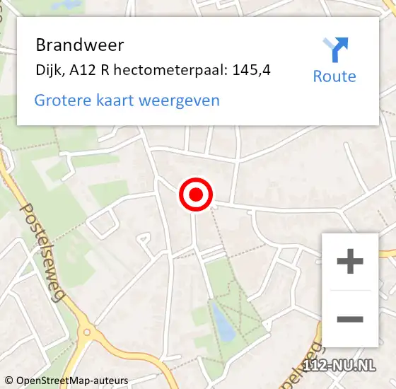 Locatie op kaart van de 112 melding: Brandweer Dijk, A12 R hectometerpaal: 145,4 op 6 september 2017 15:35