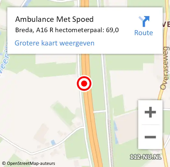 Locatie op kaart van de 112 melding: Ambulance Met Spoed Naar Breda, A16 R hectometerpaal: 69,0 op 6 september 2017 16:02