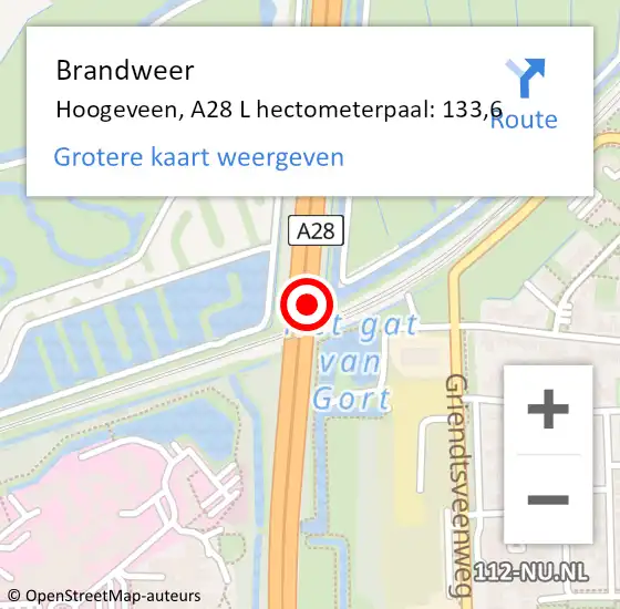 Locatie op kaart van de 112 melding: Brandweer Hoogeveen, A28 L hectometerpaal: 133,6 op 6 september 2017 17:26