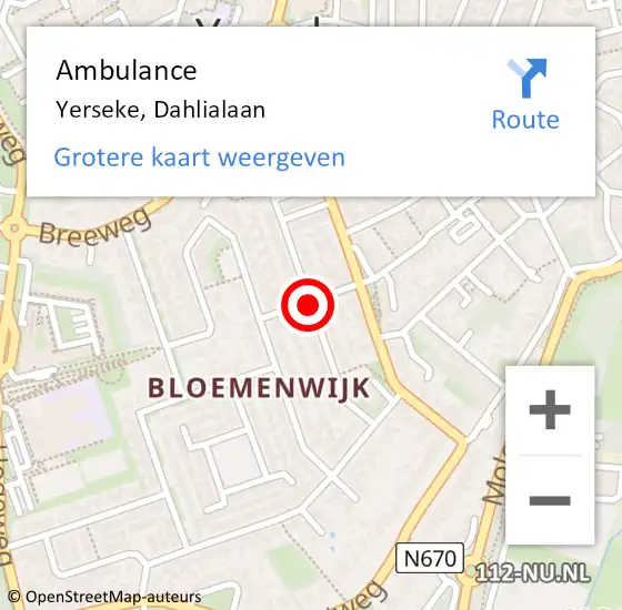 Locatie op kaart van de 112 melding: Ambulance Yerseke, Dahlialaan op 7 september 2017 13:58