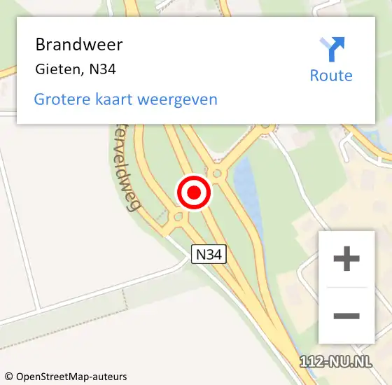 Locatie op kaart van de 112 melding: Brandweer Gieten, N34 op 9 september 2017 00:57