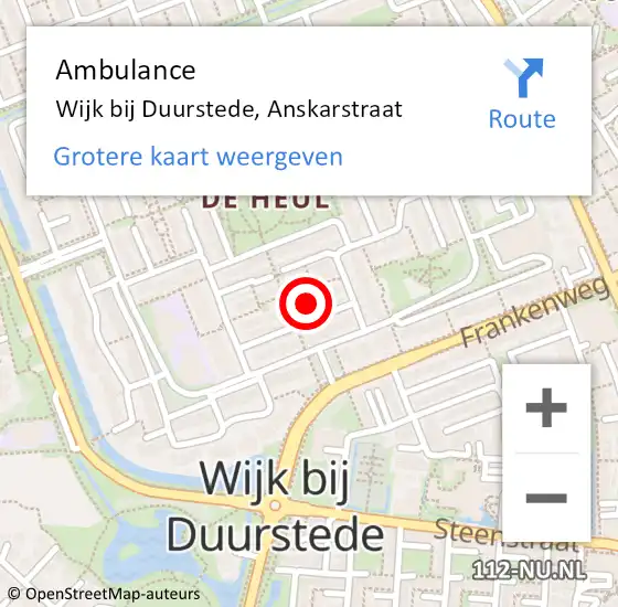 Locatie op kaart van de 112 melding: Ambulance Wijk bij Duurstede, Anskarstraat op 9 september 2017 19:36