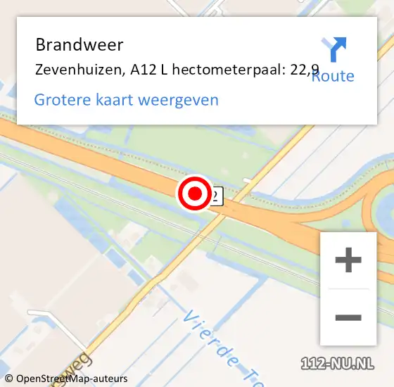 Locatie op kaart van de 112 melding: Brandweer Zevenhuizen, A12 R op 10 september 2017 23:26