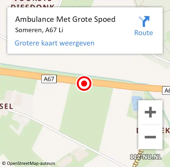 Locatie op kaart van de 112 melding: Ambulance Met Grote Spoed Naar Someren, A67 Li op 12 september 2017 07:11