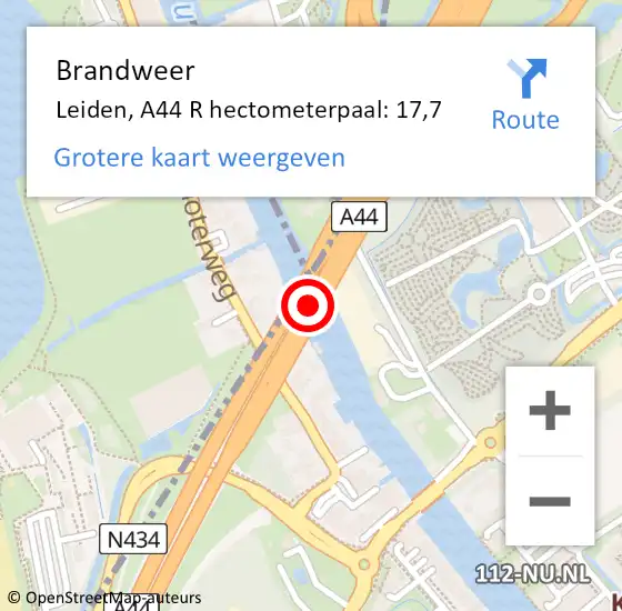 Locatie op kaart van de 112 melding: Brandweer Leiden, A44 R hectometerpaal: 17,5 op 12 september 2017 11:01