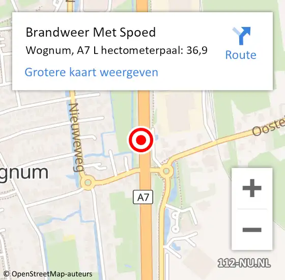 Locatie op kaart van de 112 melding: Brandweer Met Spoed Naar Wognum, A7 L hectometerpaal: 36,9 op 13 september 2017 09:40