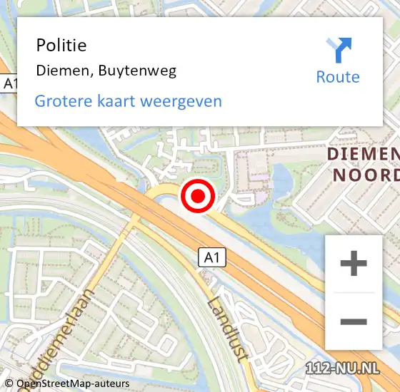 Locatie op kaart van de 112 melding: Politie Diemen, Buytenweg op 13 september 2017 15:58