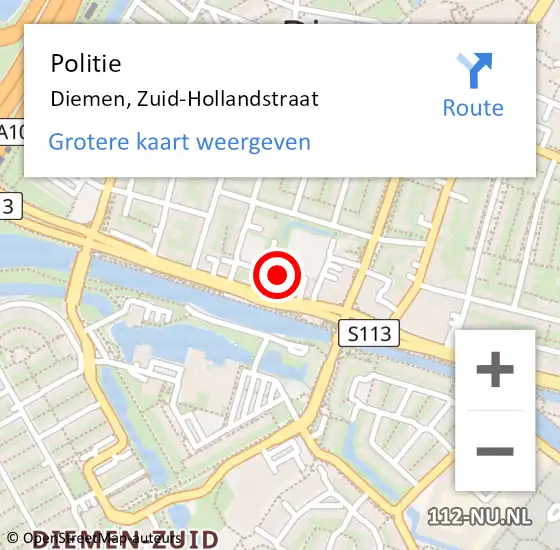 Locatie op kaart van de 112 melding: Politie Diemen, Zuid-Hollandstraat op 13 september 2017 23:39