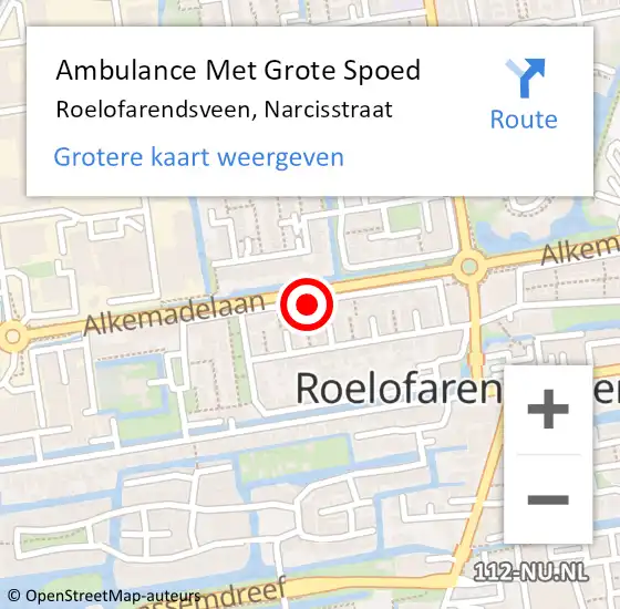 Locatie op kaart van de 112 melding: Ambulance Met Grote Spoed Naar Roelofarendsveen, Narcisstraat op 14 september 2017 06:59