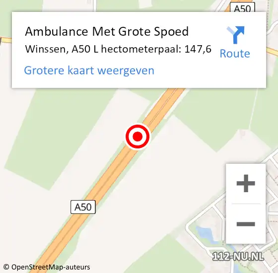 Locatie op kaart van de 112 melding: Ambulance Met Grote Spoed Naar Winssen, A50 L hectometerpaal: 147,7 op 14 september 2017 08:48