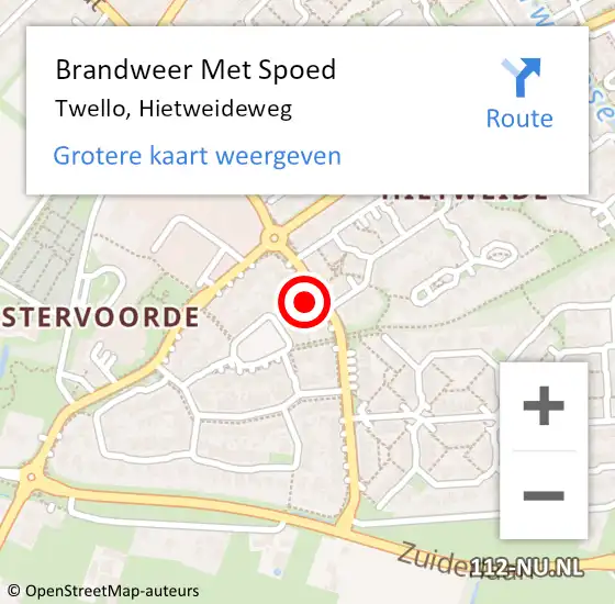 Locatie op kaart van de 112 melding: Brandweer Met Spoed Naar Twello, Hietweideweg op 14 september 2017 11:22