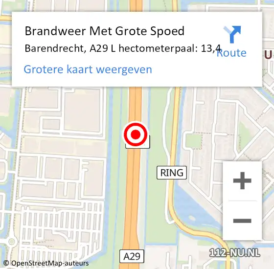 Locatie op kaart van de 112 melding: Brandweer Met Grote Spoed Naar Barendrecht, A29 R hectometerpaal: 10,6 op 14 september 2017 16:13