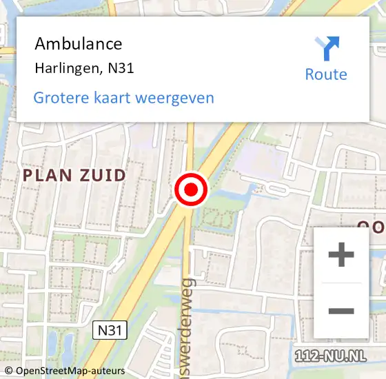 Locatie op kaart van de 112 melding: Ambulance Harlingen, N31 op 14 september 2017 19:07