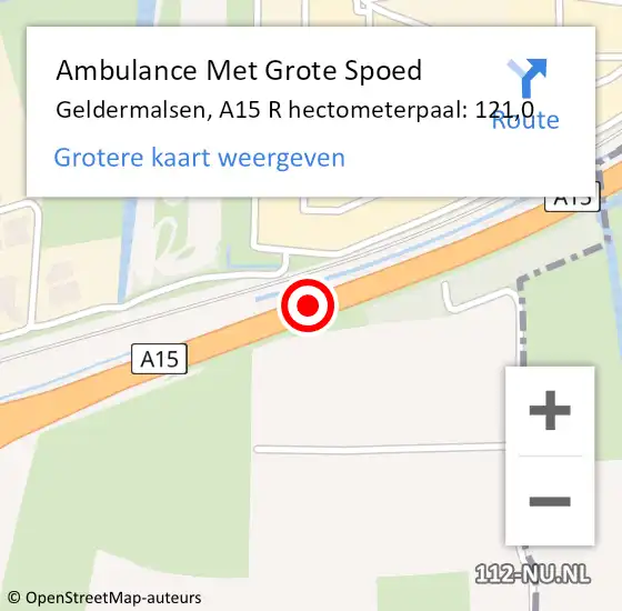 Locatie op kaart van de 112 melding: Ambulance Met Grote Spoed Naar Geldermalsen, A15 R hectometerpaal: 121,0 op 14 september 2017 20:04