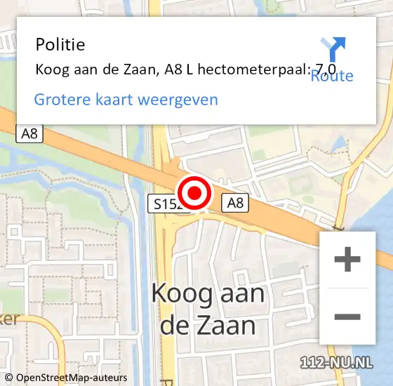 Locatie op kaart van de 112 melding: Politie Koog aan de Zaan, A8 L hectometerpaal: 8,6 op 15 september 2017 08:30