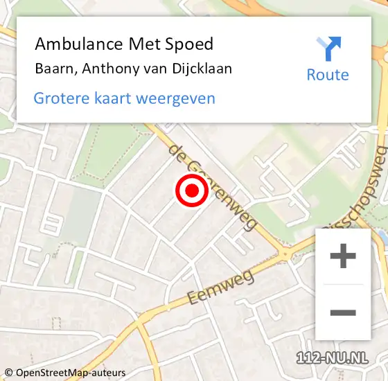 Locatie op kaart van de 112 melding: Ambulance Met Spoed Naar Baarn, Anthony van Dijcklaan op 15 september 2017 15:10