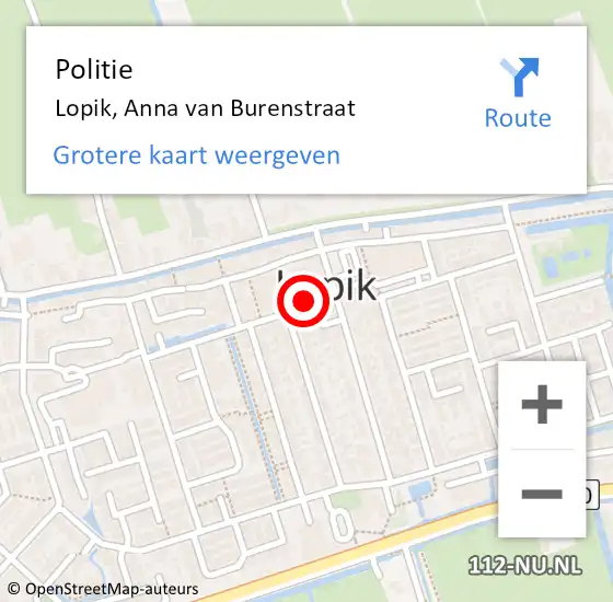 Locatie op kaart van de 112 melding: Politie Lopik, Anna van Burenstraat op 15 september 2017 23:24