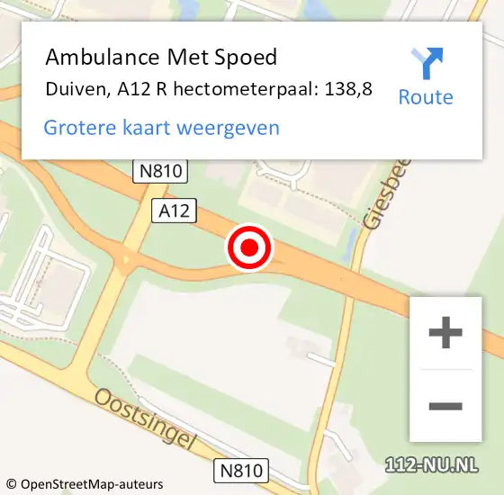 Locatie op kaart van de 112 melding: Ambulance Met Spoed Naar Duiven, A12 L hectometerpaal: 140,5 op 16 september 2017 00:12