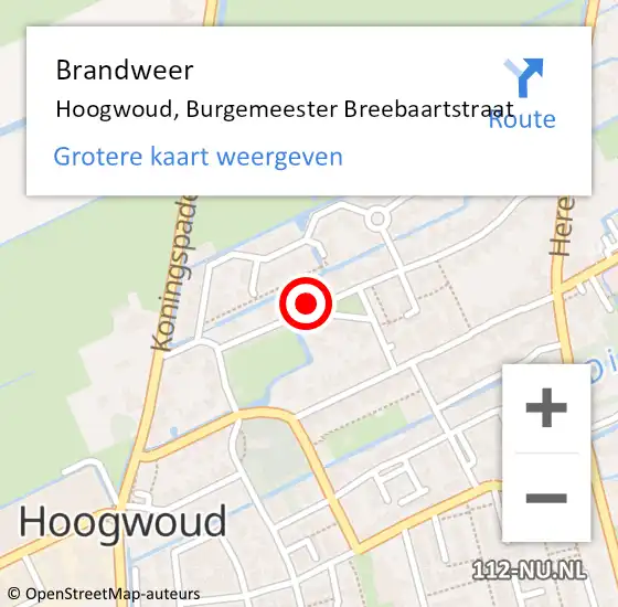 Locatie op kaart van de 112 melding: Brandweer Hoogwoud, Burgemeester Breebaartstraat op 16 september 2017 09:36