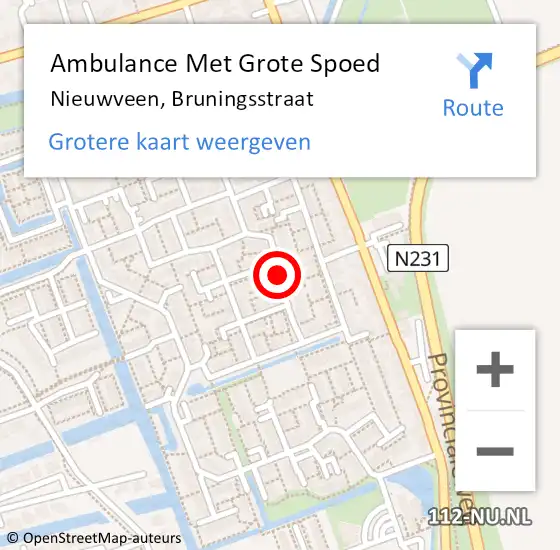 Locatie op kaart van de 112 melding: Ambulance Met Grote Spoed Naar Nieuwveen, Bruningsstraat op 16 september 2017 10:32