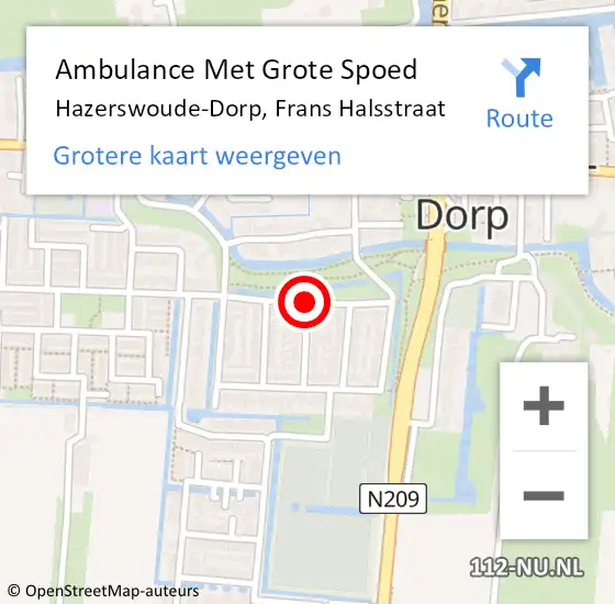 Locatie op kaart van de 112 melding: Ambulance Met Grote Spoed Naar Hazerswoude-Dorp, Frans Halsstraat op 16 september 2017 20:03