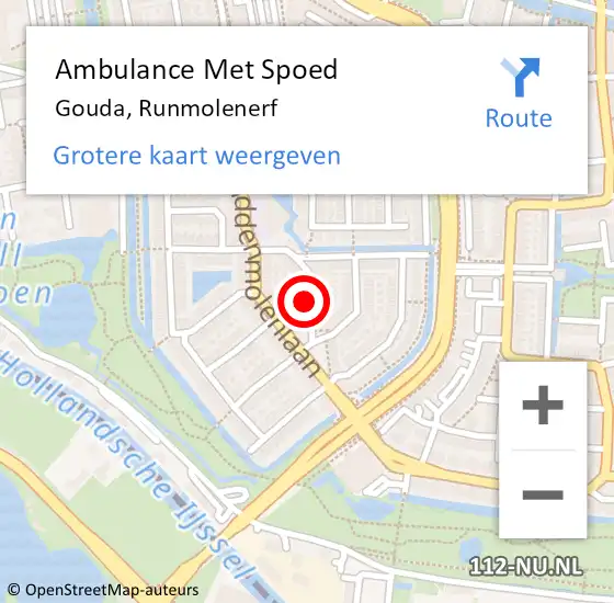 Locatie op kaart van de 112 melding: Ambulance Met Spoed Naar Gouda, Runmolenerf op 16 september 2017 23:16