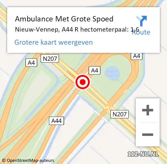 Locatie op kaart van de 112 melding: Ambulance Met Grote Spoed Naar Nieuw-Vennep, A44 R hectometerpaal: 1,6 op 17 september 2017 01:00