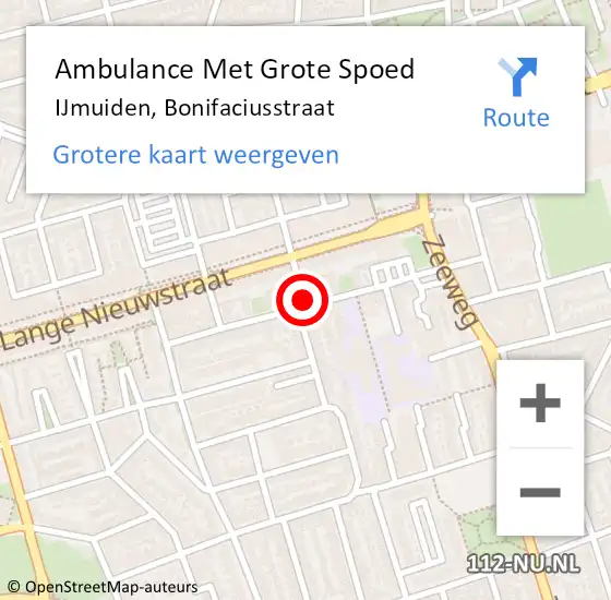 Locatie op kaart van de 112 melding: Ambulance Met Grote Spoed Naar IJmuiden, Bonifaciusstraat op 17 september 2017 12:48