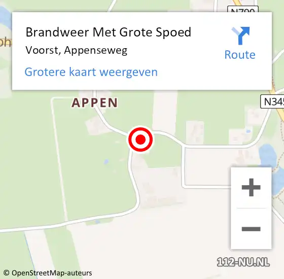 Locatie op kaart van de 112 melding: Brandweer Met Grote Spoed Naar Voorst, Appenseweg op 18 september 2017 10:28